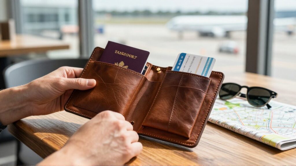 Manos guardando un pasaporte en un organizador de cuero sobre una mesa en una terminal soleada.