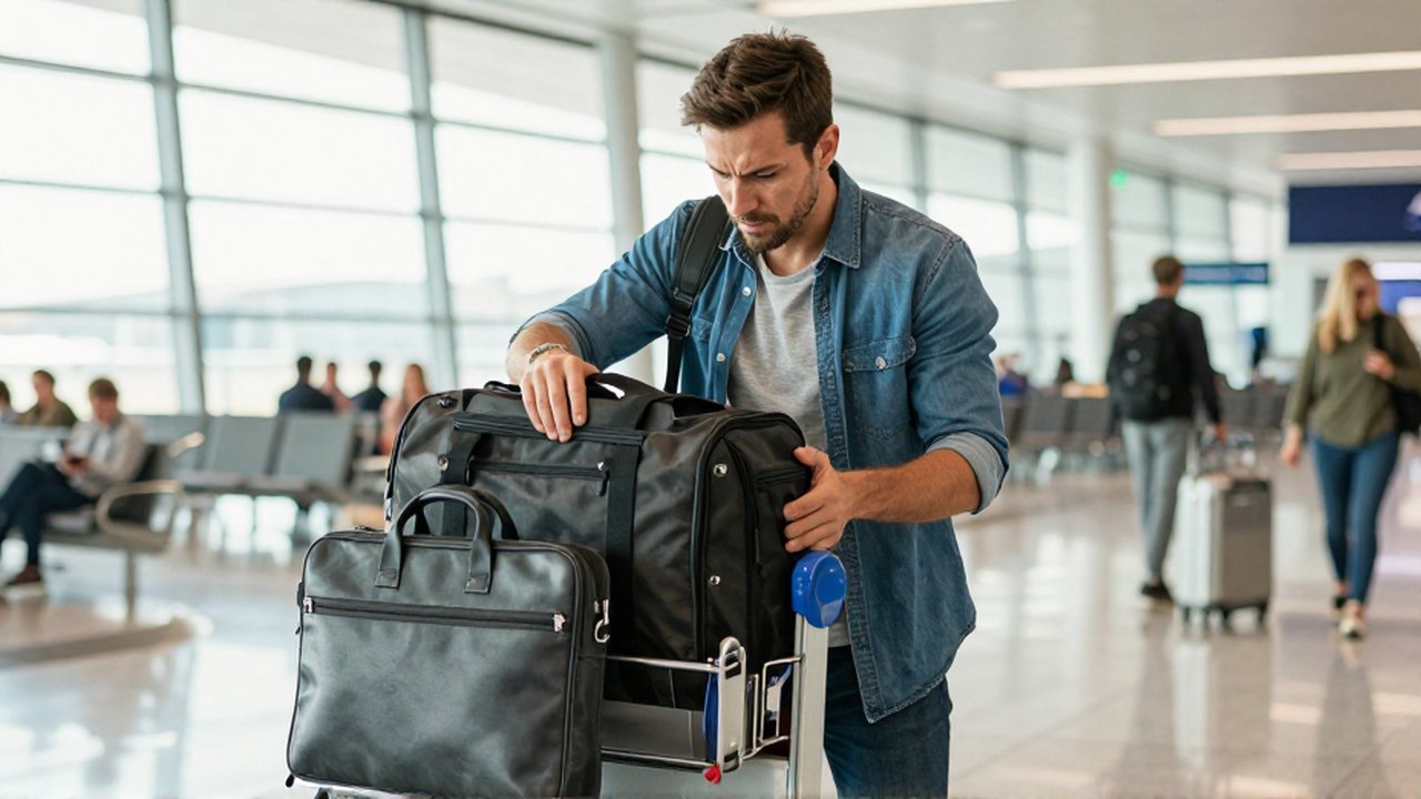 Un viajero frustrado intenta meter un bolso demasiado grande en el compartimento superior de un avión.