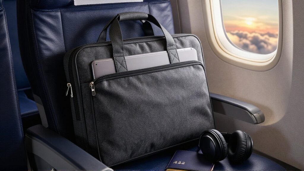 Maletín gris oscuro para portátil junto a un pasaporte y auriculares sobre el asiento de un avión.