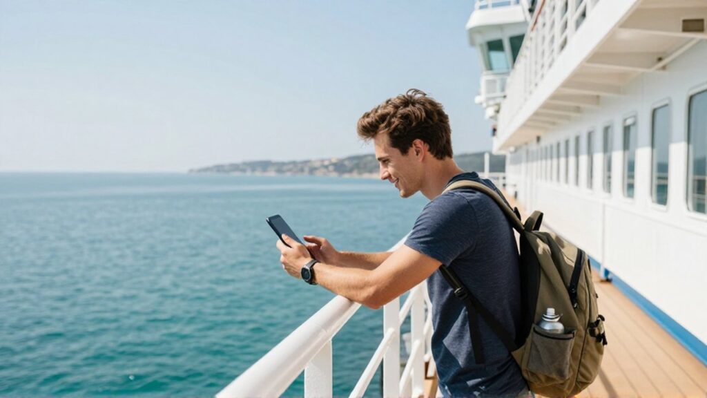 Un viajero relajado consulta su tableta sentado en la cubierta de un ferry frente al mar turquesa.