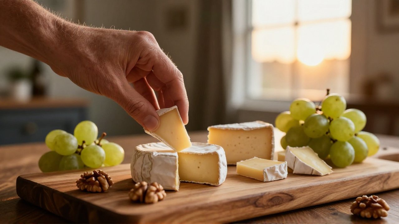 Una mano coloca un trozo de queso brie sobre una tabla de madera con frutas y frutos secos.