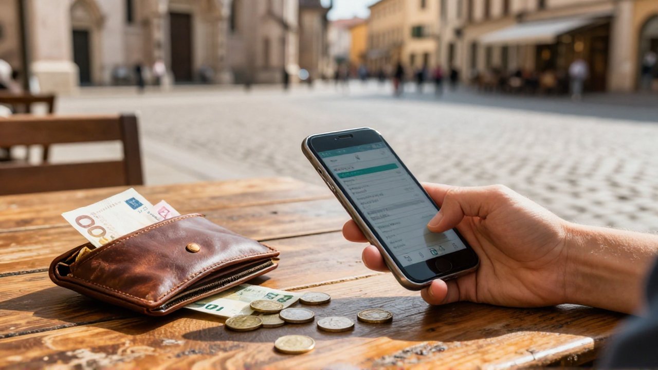 Una mano sostiene un teléfono móvil junto a billetes y monedas sobre una mesa de madera en una plaza europea.