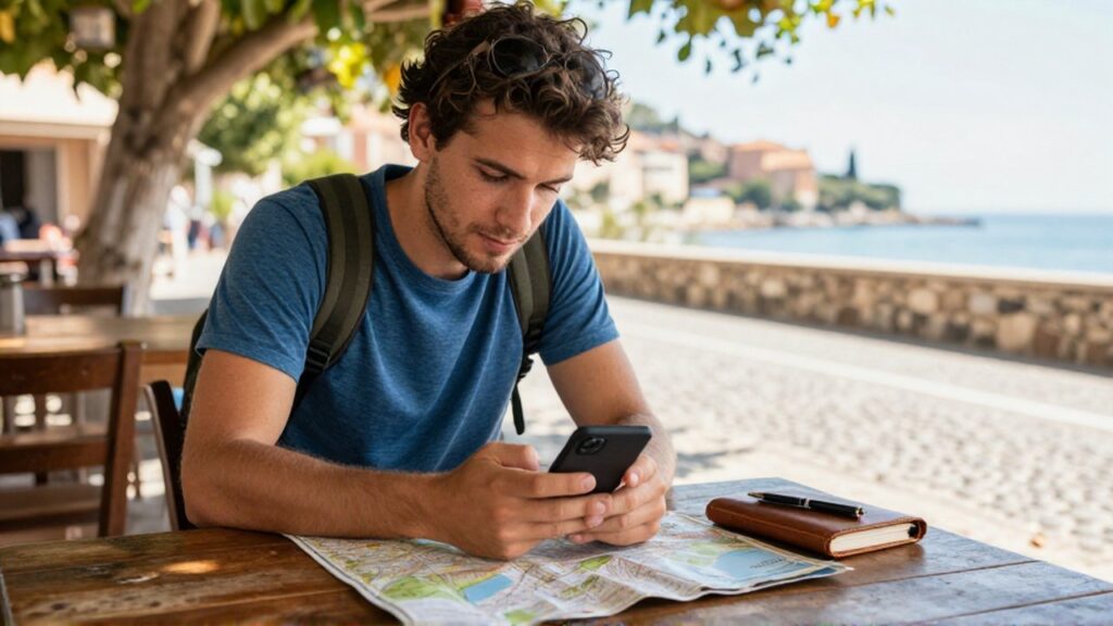 Un joven viajero consulta su teléfono para planificar una ruta sobre una mesa con un mapa y libreta.