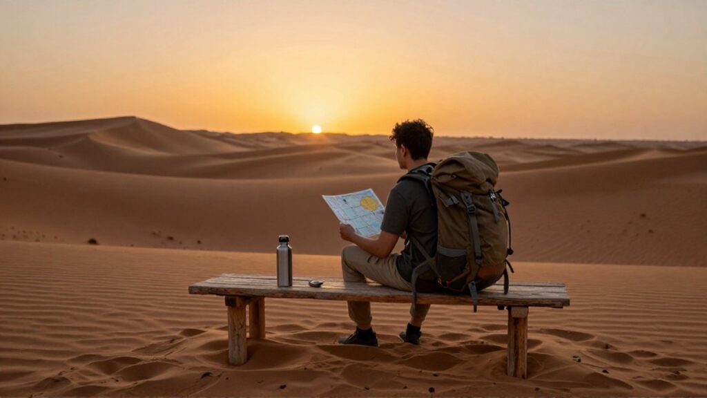 Viajero con mochila consulta un mapa sentado frente a una tienda en el desierto al atardecer.