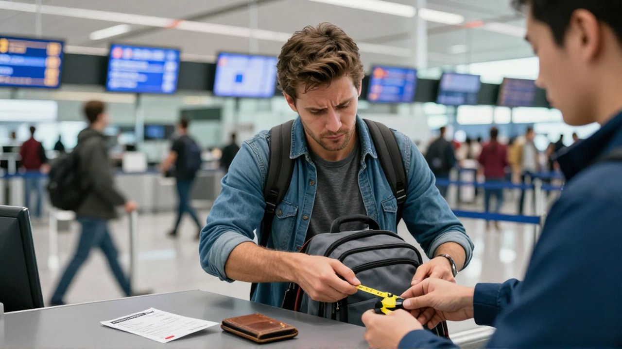 Un viajero frustrado observa cómo un agente de aerolínea mide su mochila en el mostrador de facturación.