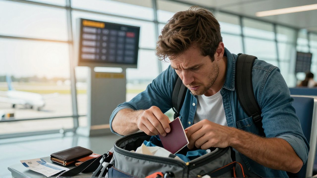 Hombre estresado busca desesperadamente su pasaporte entre el desorden de su mochila en una terminal de aeropuerto.