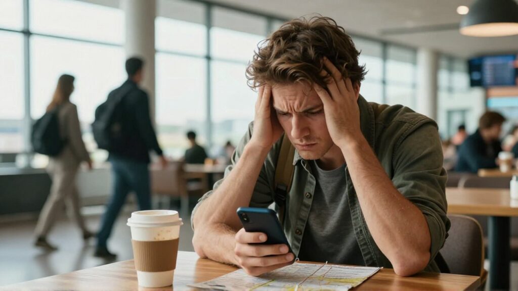 Un viajero con expresión de frustración busca algo en su celular frente a una cafetería de aeropuerto.