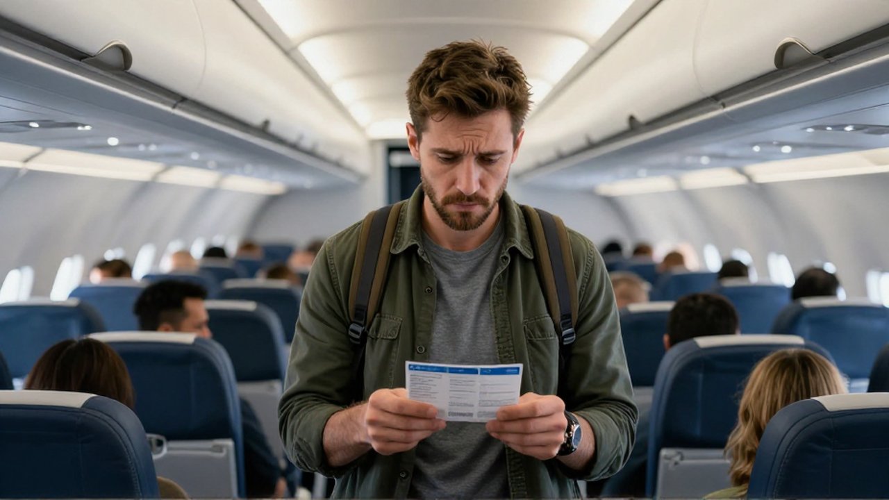 Viajero frustrado observa su tarjeta de embarque en el estrecho pasillo de un avión.