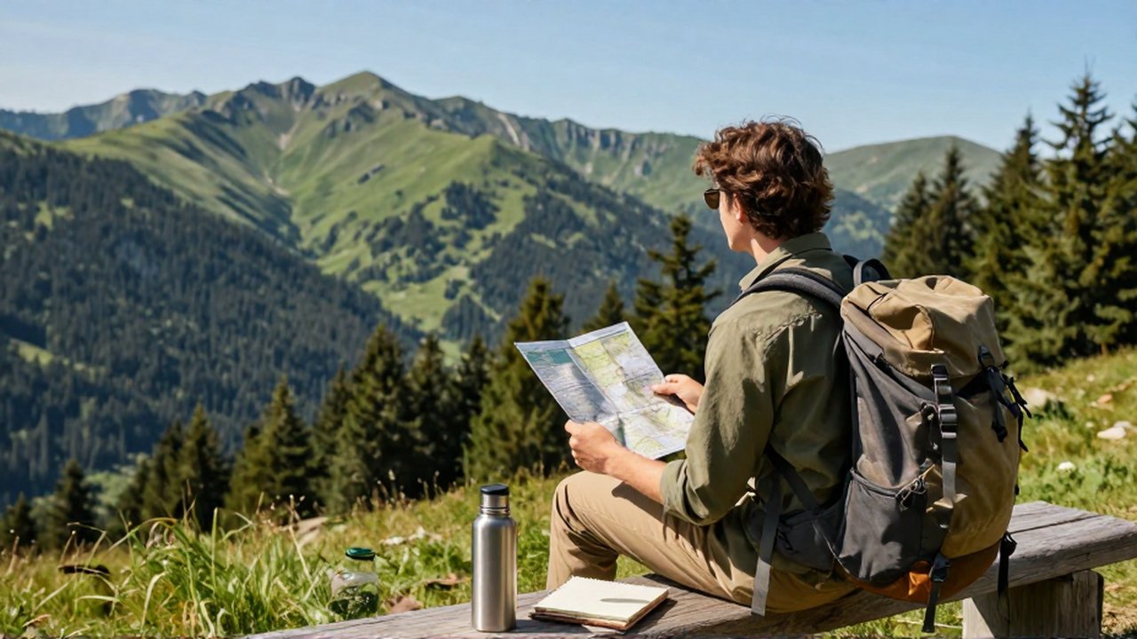 Un viajero con mochila estudia un mapa sentado en un banco frente a montañas verdes.