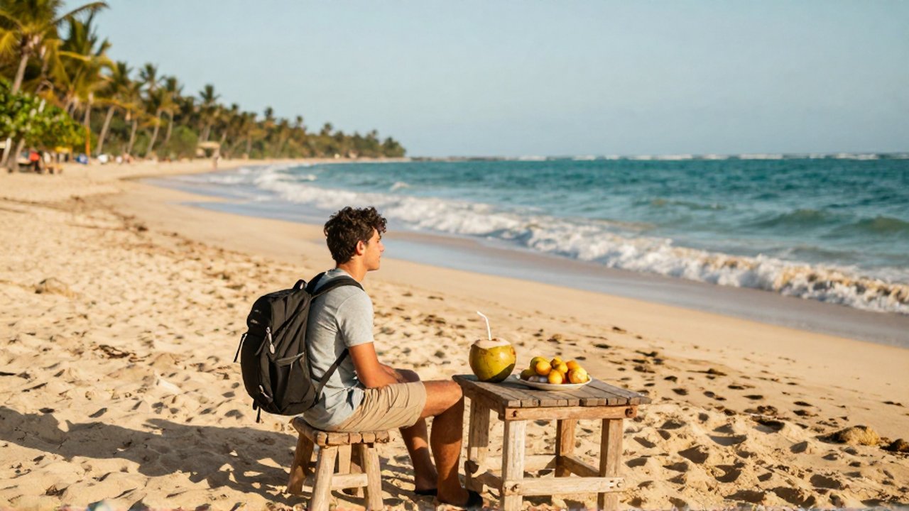 Joven viajero sentado en una cabaña frente al mar frente a una costa tropical.