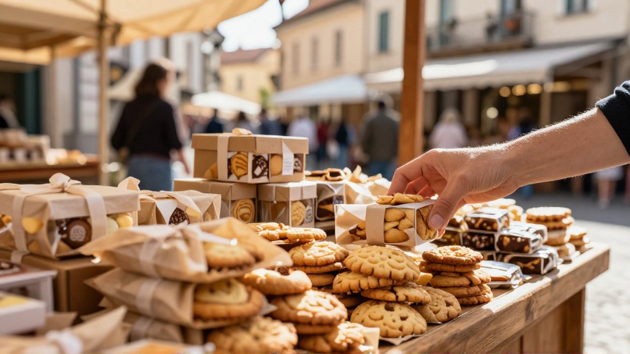 Una mano elige una caja de galletas artesanales en un puesto de un mercado europeo.