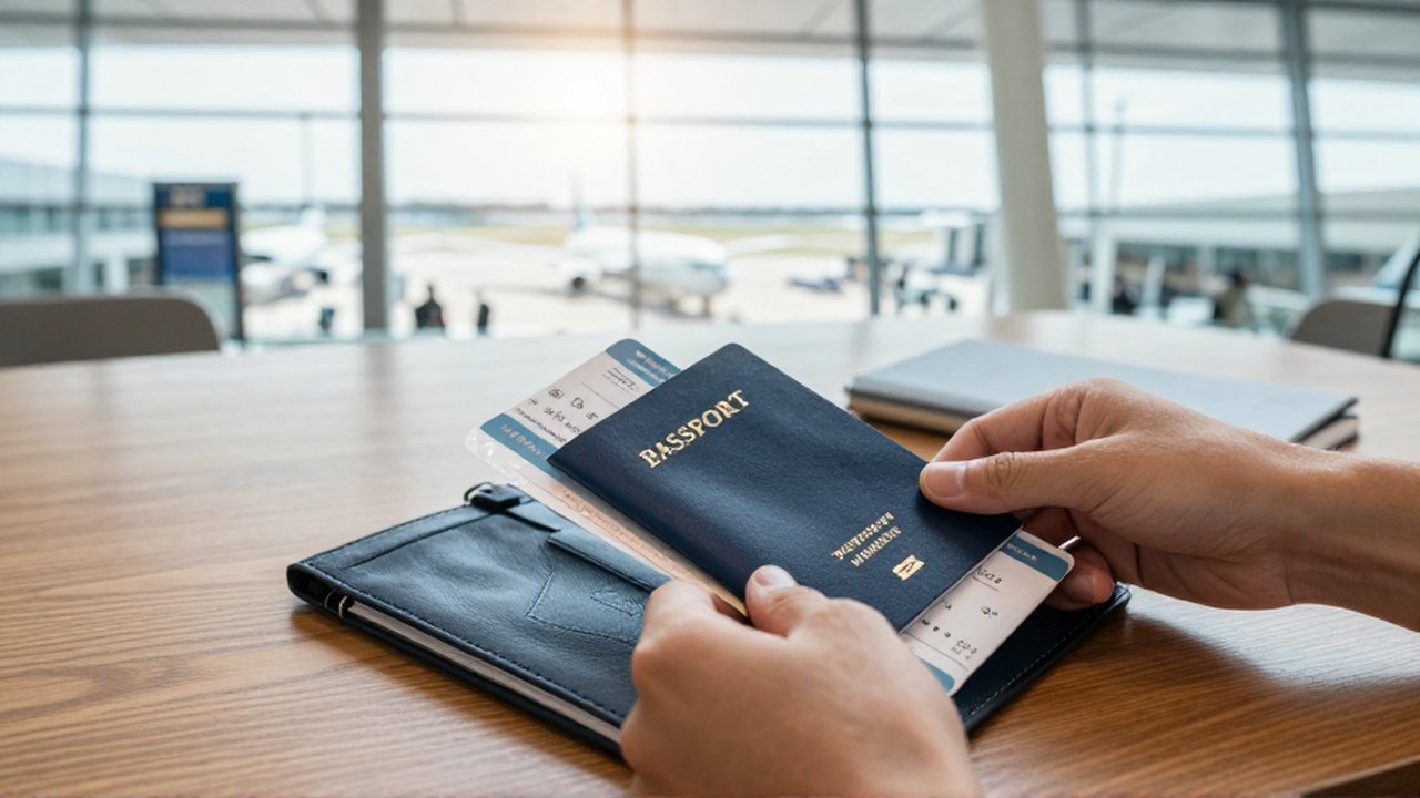 Manos de un viajero organizando un pasaporte y documentos de viaje sobre una mesa de madera.