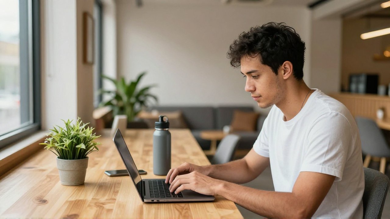 Un viajero trabaja concentrado con su portátil en un área de coworking luminosa de un hostal.