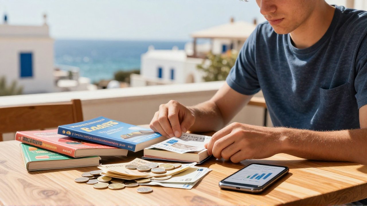 Manos de un viajero organizando dinero y guías sobre una mesa frente al mar mediterráneo.