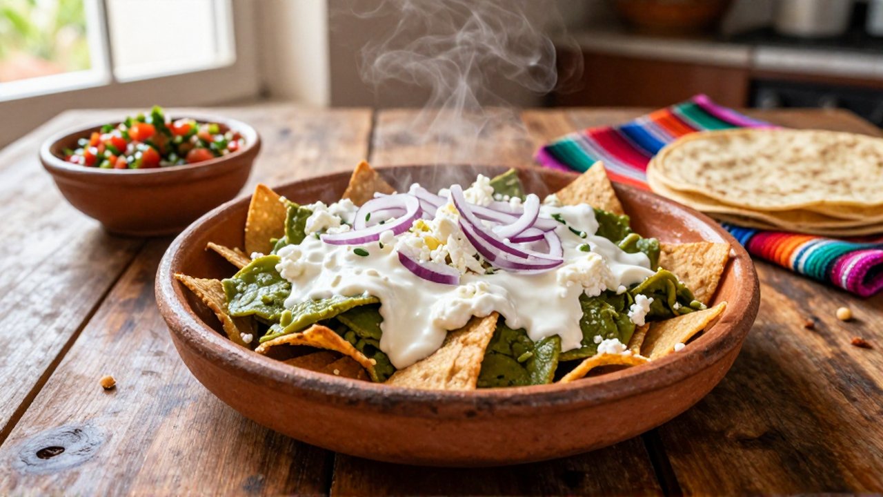 Plato de chilaquiles verdes con queso y crema sobre una mesa de madera iluminada por el sol.