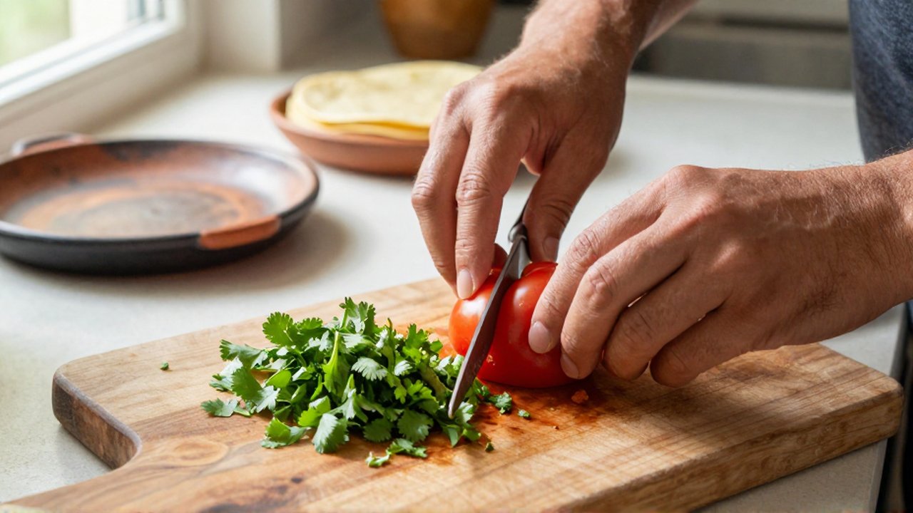 Manos picando tomate y cilantro sobre una tabla de madera en una cocina luminosa.