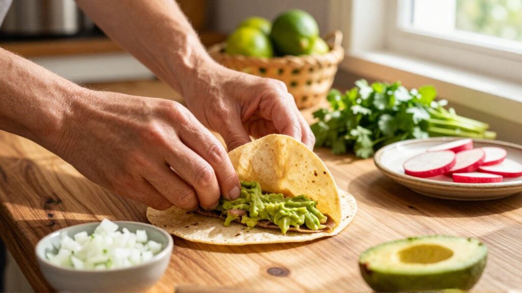 Manos untando aguacate sobre una tortilla de maíz en una mesa de madera con vegetales frescos.
