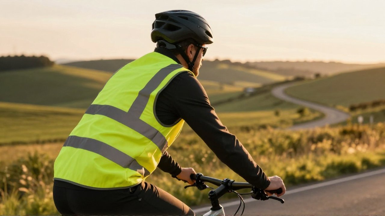 Ciclista con chaleco reflectante y casco pedalea por un sendero rural durante el atardecer.