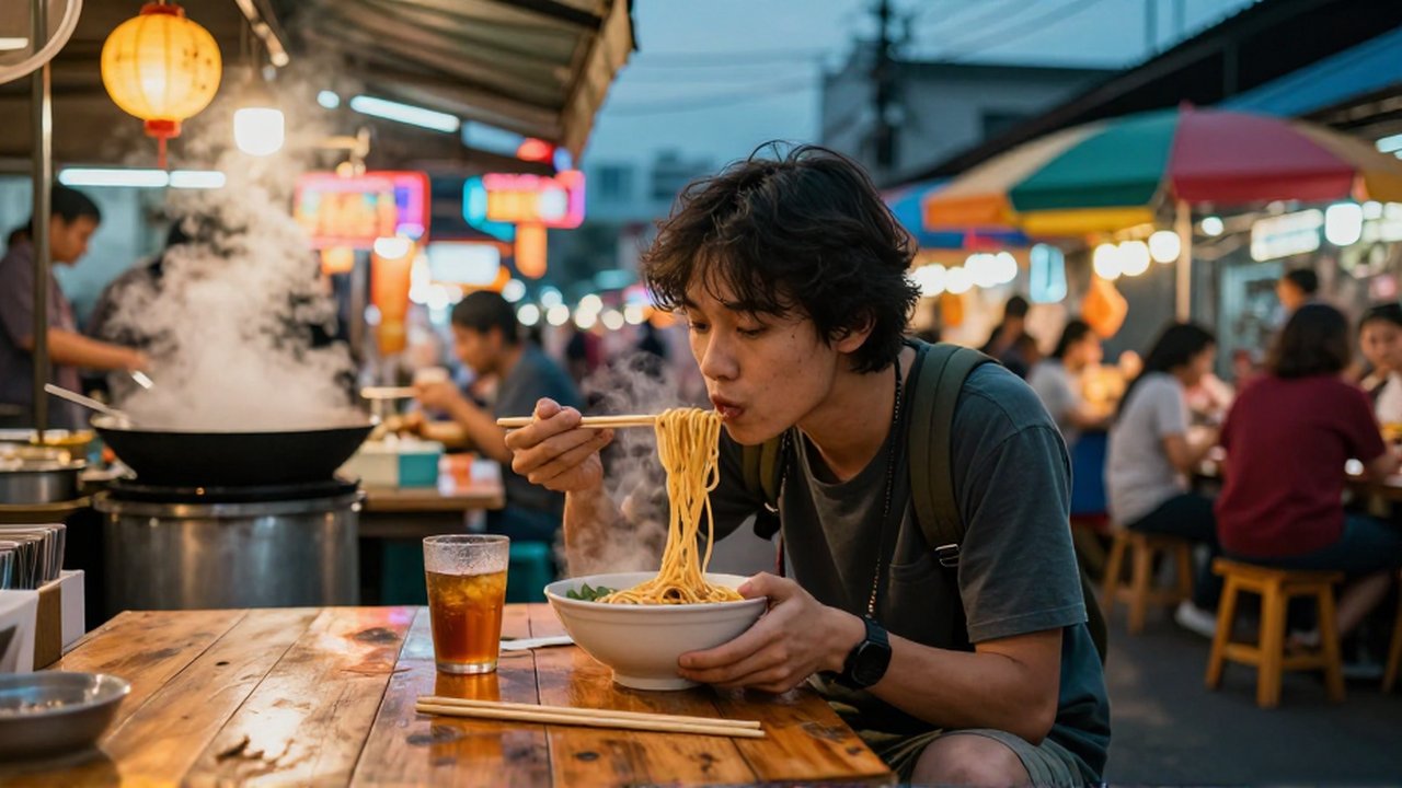 Un joven viajero disfruta un tazón de fideos en un concurrido mercado nocturno asiático.