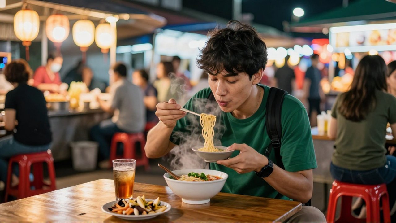 Un joven viajero disfruta de un tazón de fideos humeantes en un animado mercado nocturno.