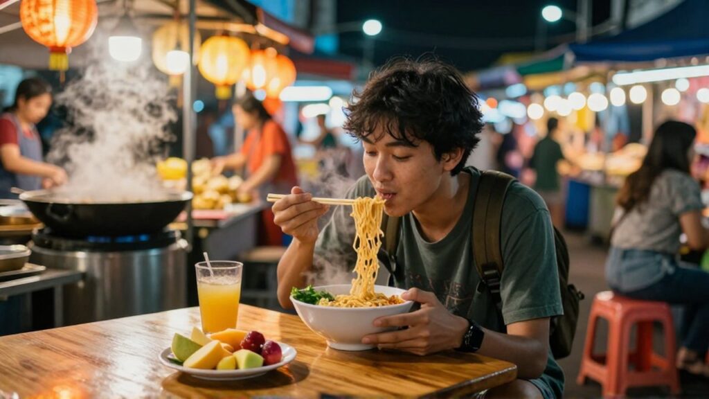 Un joven viajero disfruta de un tazón de fideos calientes en un animado mercado nocturno.