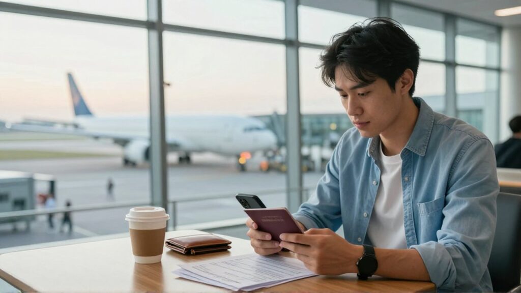 Un viajero revisa documentos y su pasaporte en una mesa de lounge frente a un avión.