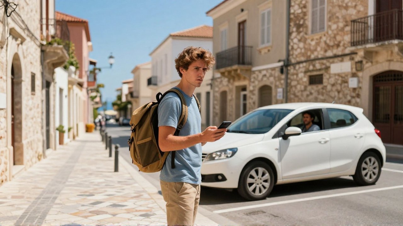 Una joven viajera con mochila consulta su móvil mientras un coche blanco la recoge en una calle mediterránea.