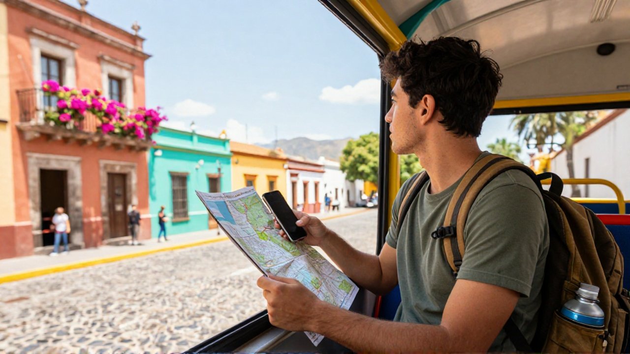 Joven viajero consulta un mapa y su celular sentado en un autobús colorido frente a un pueblo colonial.