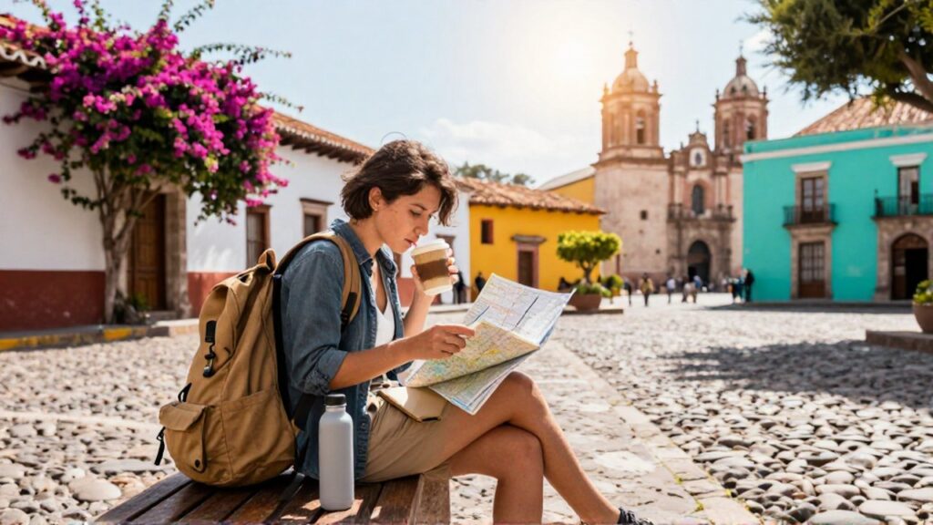 Una joven viajera estudia un mapa y un cuaderno sentada en una plaza colorida.
