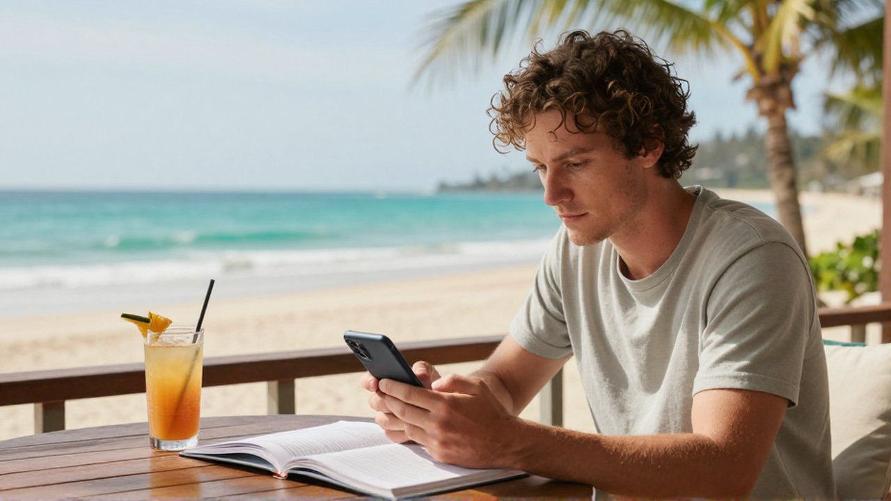 Joven viajero revisa ofertas en su móvil desde una terraza frente al mar turquesa.