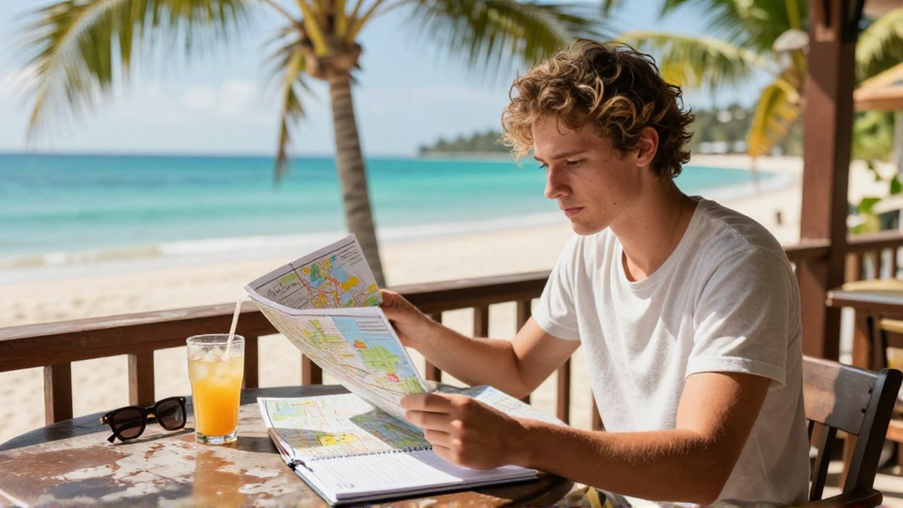 Un joven viajero consulta mapas sobre un balcón con vista a una costa tropical.