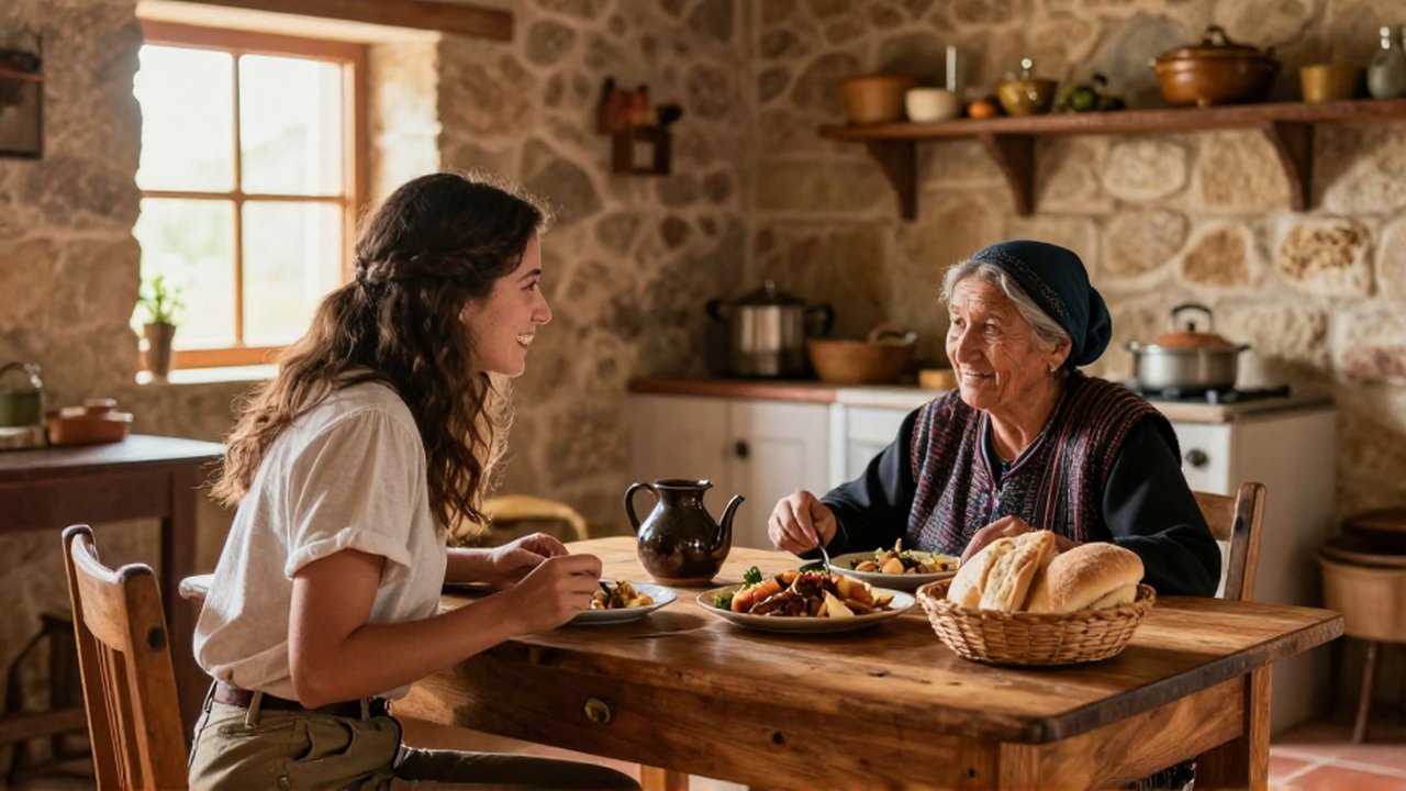 Una joven viajera conversa con una mujer mayor mientras comparten comida en una cocina rústica soleada.