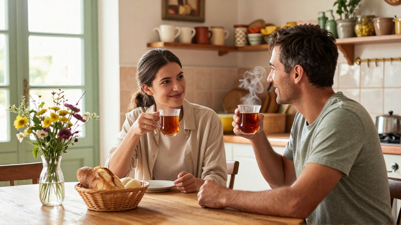 Un joven viajero y una mujer local conversan sonrientes mientras toman té en una cocina acogedora.