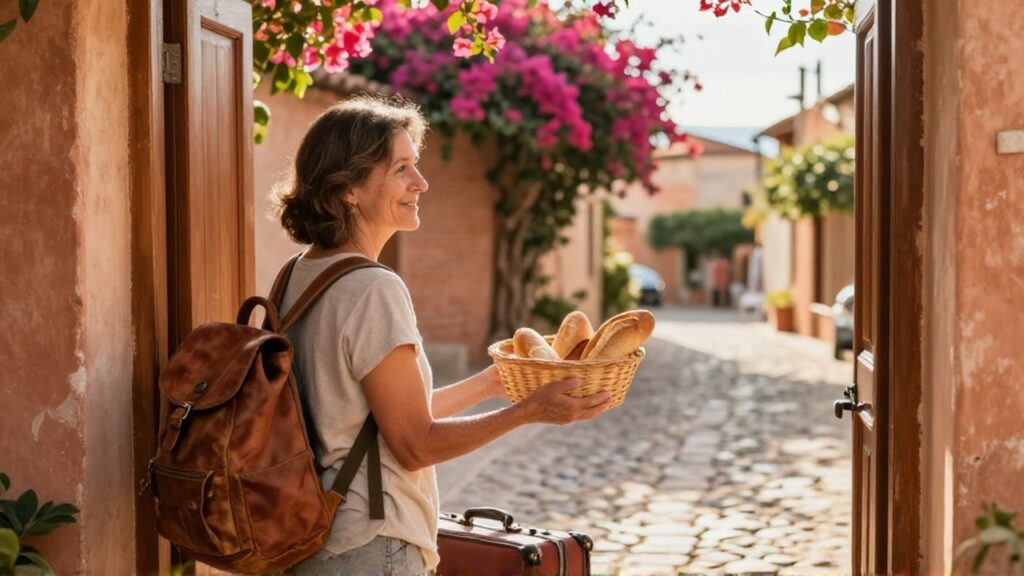 Una mujer local entrega una cesta de pan a un joven viajero en la puerta de una casa mediterránea.