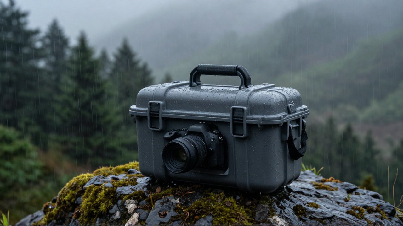 Estuche protector para cámaras sobre una roca musgosa en un paisaje montañoso lluvioso y neblinoso.